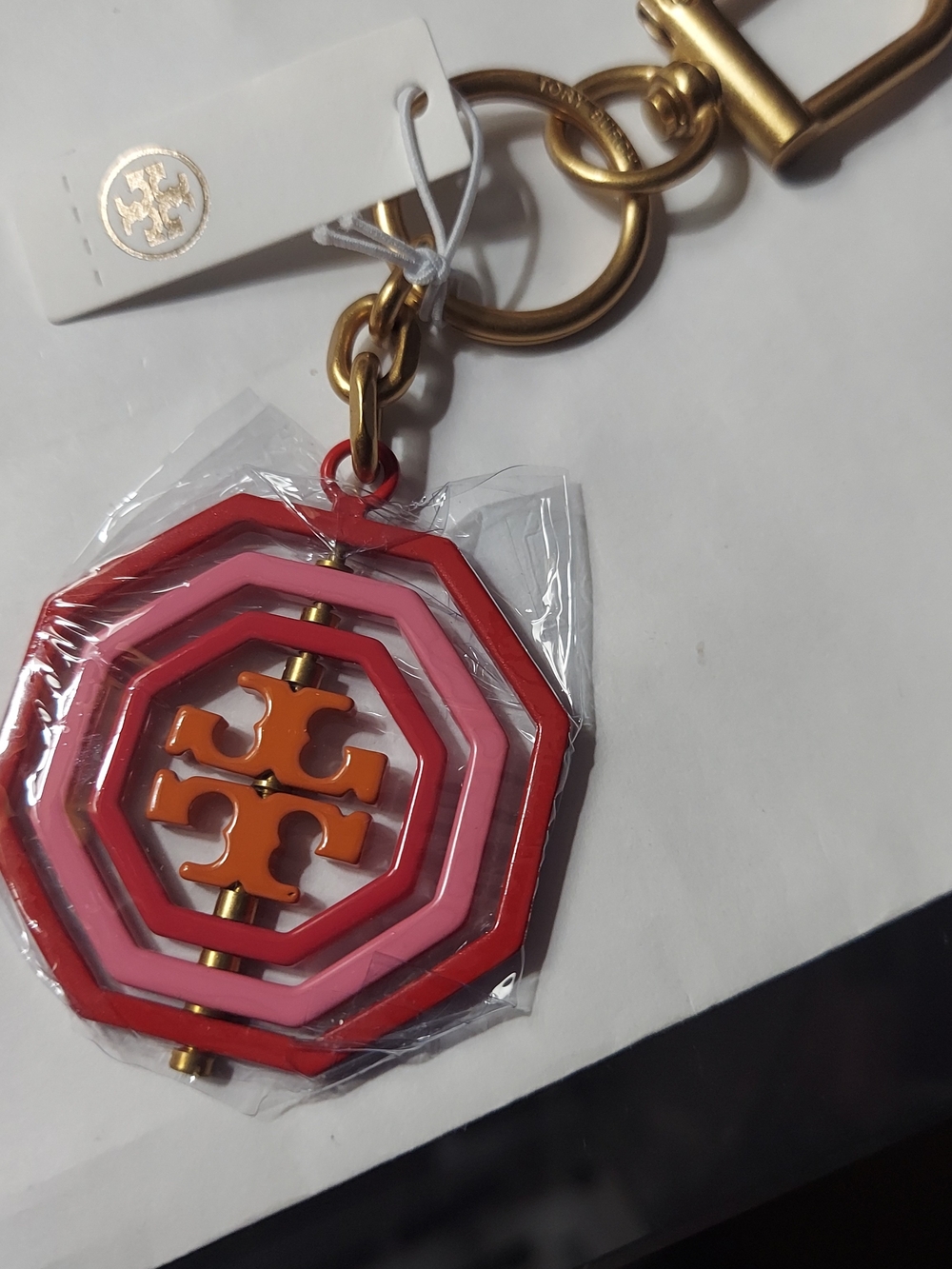 Tory Burch Red And Pink Enamel Octagon Key Fob - Picture 2 of 3